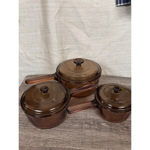 Vintage Visions Cookware Amber Glass Set Pans Lids 6p Corningware PYREX Vision